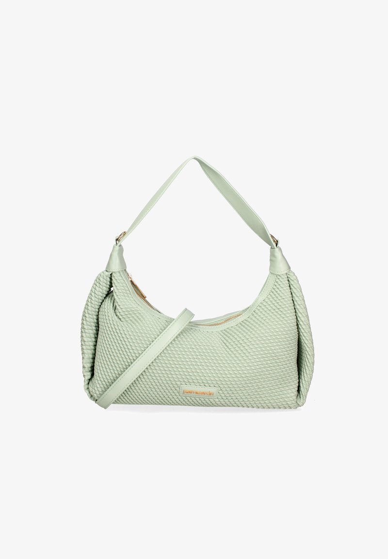 Borsa a tracolla verde menta con un design tessuto a trama, dettagli in pelle liscia, chiusura con zip e tracolla regolabile.