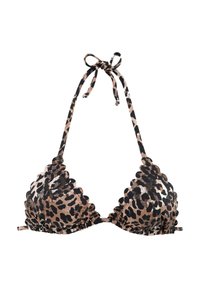 Top in bikini con stampa leopardata, bordi scallop e lacci regolabili al collo, realizzato in tessuto morbido. La palette colori include beige, nero e marrone chiaro.