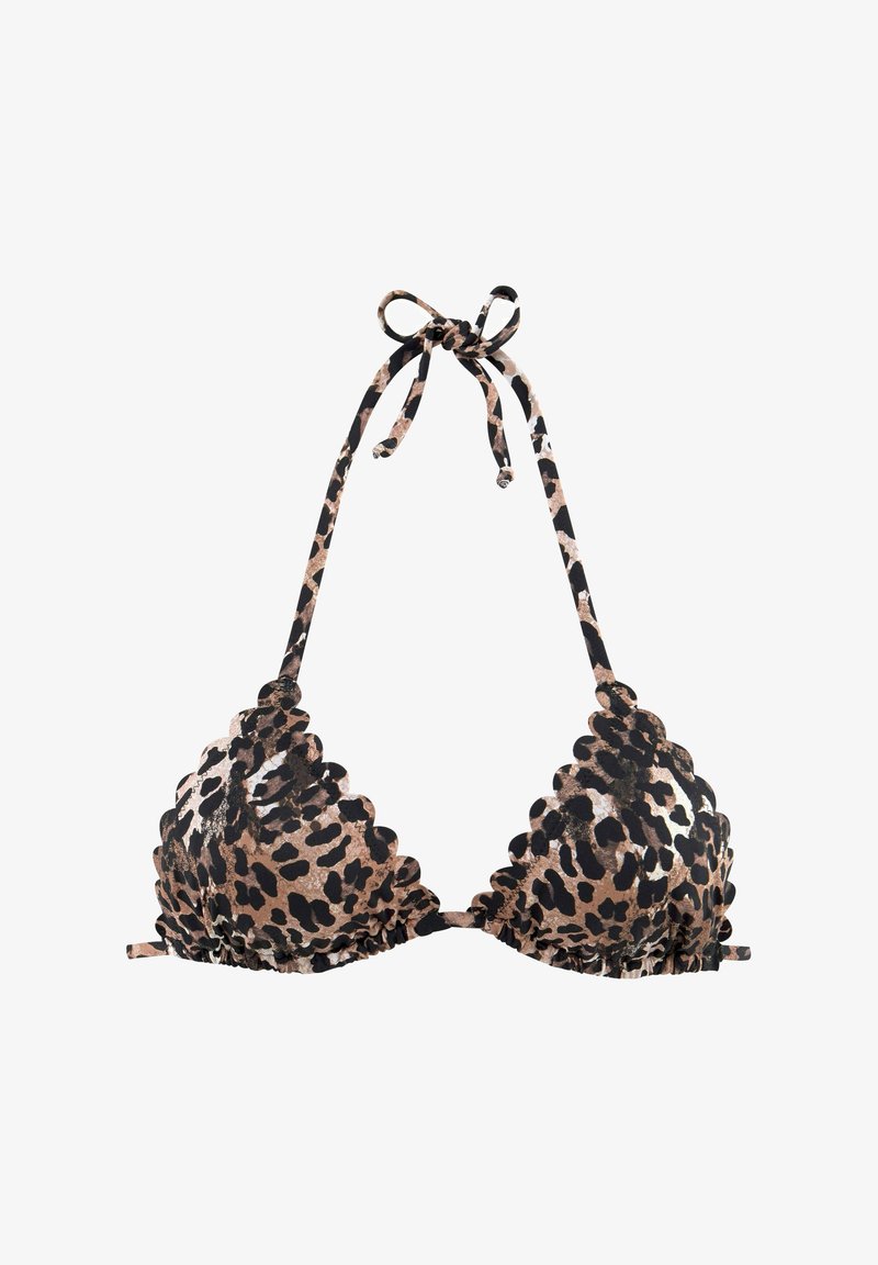 Top in bikini con stampa leopardata, bordi scallop e lacci regolabili al collo, realizzato in tessuto morbido. La palette colori include beige, nero e marrone chiaro.