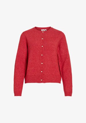 Roter Wollcardigan mit Rundhalsausschnitt, langen Ärmeln und durchgehender Knopfleiste mit kleinen weißen Knöpfen. Glatte Textur, gerippter Saum.