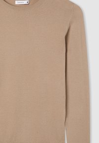 Maglione beige lavorato a maglia con colletto tondo e maniche lunghe, realizzato in un tessuto morbido. Presenta una superficie liscia e un design minimalista.