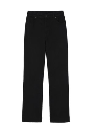 Čierne nohavice s rovnými nohavicami z bavlny, s klasickým pásom, zapínaním na gombíky a dizajnom s piatimi vreckami so subtílnymi mosadznými detailmi.