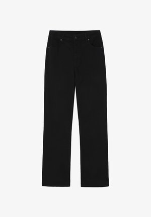 Melnas taisnas kokvilnas bikses ar klasisku jostas līniju, pogu aizdari un pieci kabatu dizainu ar nelielām misiņa detaļām.