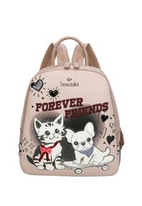 Zaino in pelle rosa con disegni di gatti e cani cartoon, con la scritta "FOREVER FRIENDS", dettagli a forma di cuore e accenti luccicanti. Due manici superiori e spallacci regolabili.