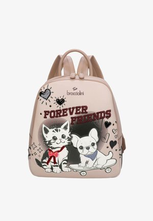 Zaino in pelle rosa con disegni di gatti e cani cartoon, con la scritta "FOREVER FRIENDS", dettagli a forma di cuore e accenti luccicanti. Due manici superiori e spallacci regolabili.