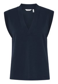 Top senza maniche blu notte a scollo a V realizzato in tessuto morbido, con ampie aperture per le braccia, una finitura pulita e una silhouette rilassata.