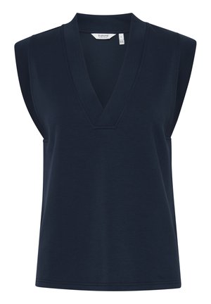 Navy blauwe mouwloze V-hals top van zachte stof, met brede armsgaten, een nette afwerking en een ontspannen silhoutte.