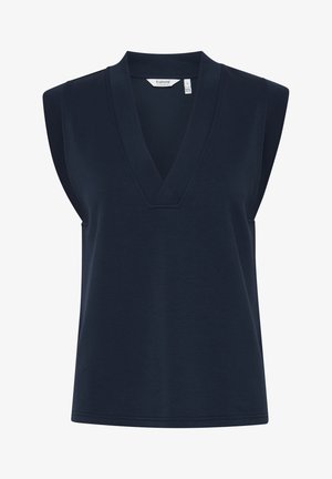 Navy blauwe mouwloze V-hals top van zachte stof, met brede armsgaten, een nette afwerking en een ontspannen silhoutte.