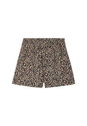 Leopardenmuster-Shorts mit elastischem Bund, auf einem beigen Hintergrund mit schwarzen Punkten, aus weichem Stoff, mit einer lockeren Passform.