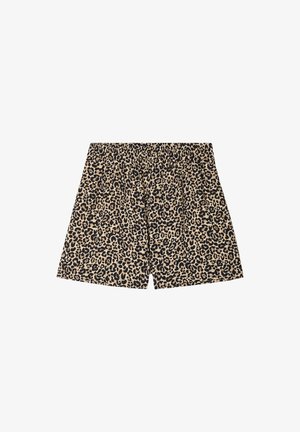 Leopard print shorts with an elastic waistband, featuring a beige background with black spots, made from soft fabric, with a loose fit.