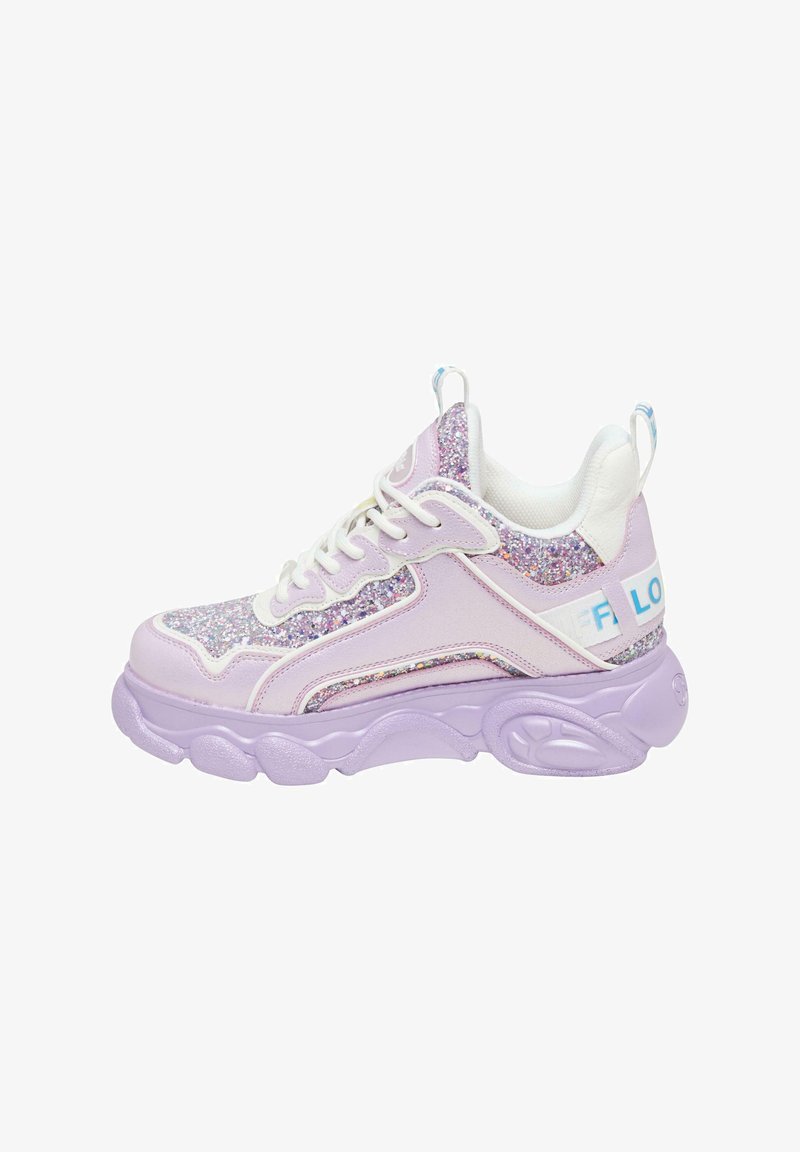 Chunky purple sneakers with glitter accents, textured lavender panels, white detailing, and a curved sole. Features a rear pull tab.