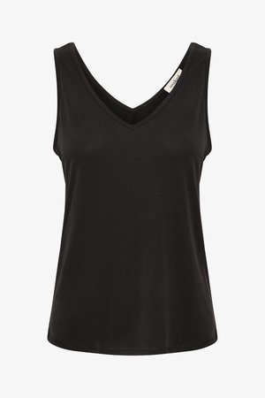 Top nero senza maniche con scollo a V, stile aderente e etichetta del marchio visibile all'interno del collo, su sfondo bianco.