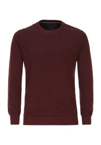 Maroon sweater made of textured fabric, featuring a round neckline and long sleeves, with ribbed cuffs and hem for added detail.