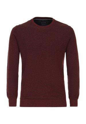 Bordeauxfarbener Pullover aus strukturiertem Stoff, mit Rundhalsausschnitt und langen Ärmeln, sowie gerippten Bündchen und Saum für zusätzliche Details.