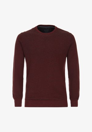 Bordeauxfarbener Pullover aus strukturiertem Stoff, mit Rundhalsausschnitt und langen Ärmeln, sowie gerippten Bündchen und Saum für zusätzliche Details.