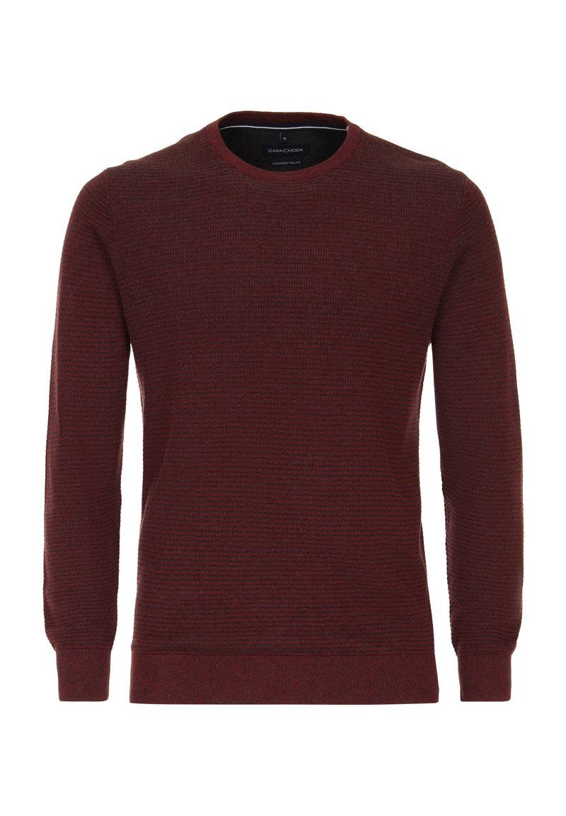 Maroon sweater made of textured fabric, featuring a round neckline and long sleeves, with ribbed cuffs and hem for added detail.