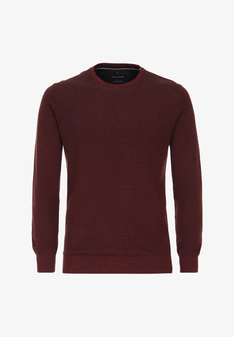 Maroon sweater made of textured fabric, featuring a round neckline and long sleeves, with ribbed cuffs and hem for added detail.