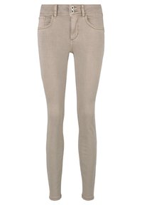 Jean skinny beige en denim, présentant un design à cinq poches, une fermeture à deux boutons et des détails de couture discrets le long des coutures.