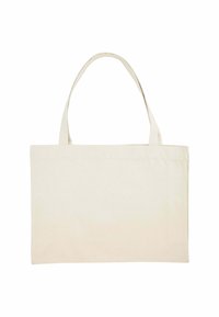 Borsa in tela di colore beige naturale, con forma rettangolare, due manici robusti e una texture liscia e uniforme. Senza motivi visibili o accessori.
