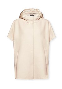 Cappotto di lana beige a maniche corte con cappuccio imbottito, tasche frontali e chiusura frontale nascosta.