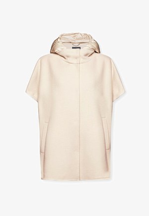 Cappotto di lana beige a maniche corte con cappuccio imbottito, tasche frontali e chiusura frontale nascosta.