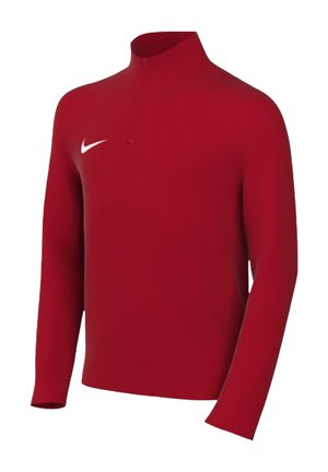 Rode Nike longsleeve pullover met hoge kraag en halve rits. Heeft een gladde textuur en een wit logo op de linkerkant van de borst.