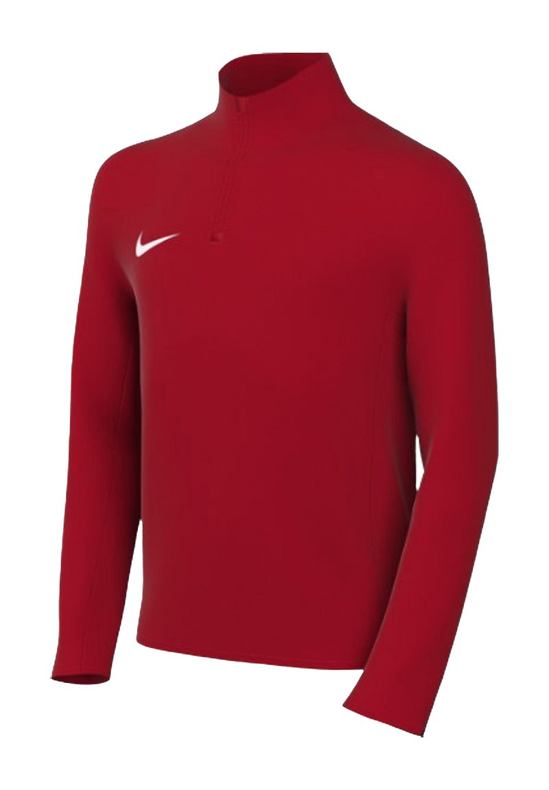 Rode Nike longsleeve pullover met hoge kraag en halve rits. Heeft een gladde textuur en een wit logo op de linkerkant van de borst.