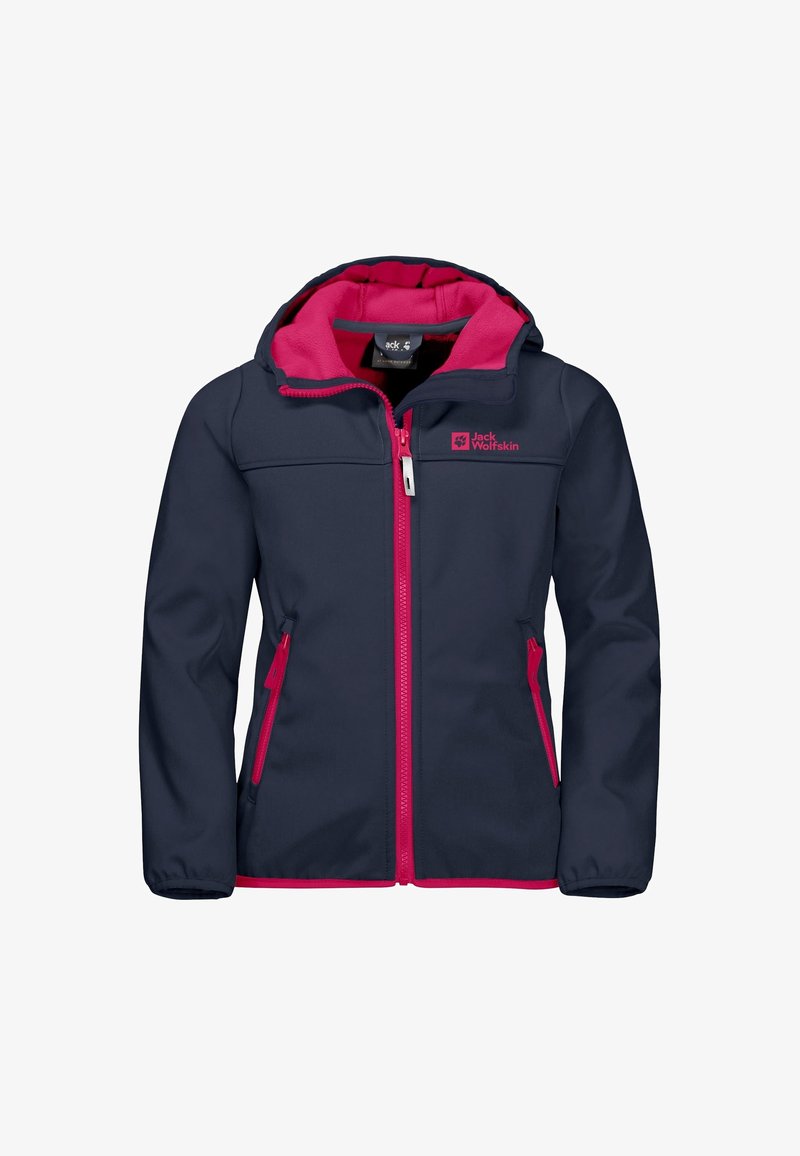 Navy softshell jacket with a pink fleece-lined hood. Features a front zipper, two side pockets, and a logo on the chest.