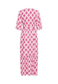 Robe mi-longue à motif losanges roses et blancs, manches mi-longues, ceinture à la taille et jupe à volants, vue de dos.