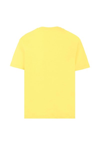 T-shirt di cotone giallo con colletto rotondo, maniche corte e retro semplice. Texture liscia, senza pattern o grafiche visibili.
