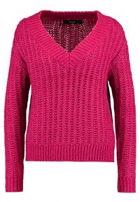 Pull en maille rose vif avec un col en V, une texture côtelée et des manches longues. Présente une coupe ample et des motifs épais et ondulés.