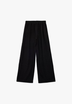 Pantalones anchos negros con cintura elástica, hechos de una tela suave, con una textura lisa y un diseño simple y sin adornos.