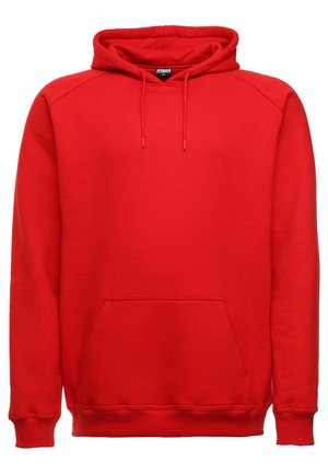 Sweat à capuche rouge avec une poche avant, un cordon de serrage à la capuche et des poignets côtelés. Fabriqué en tissu épais et doux avec une texture lisse.
