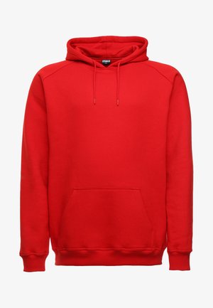 Roter Kapuzenpullover mit einer Fronttasche, Kordelzugkapuze und gerippten Bündchen. Hergestellt aus einem weichen, dicken Stoff mit glatter Textur.