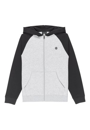 Grijze en zwarte zip-up hoodie met een kangoeroezak, ribgebreide boorden en een rond logo op de linkerkant van de borst. Gemaakt van zachte, gestructureerde stof.