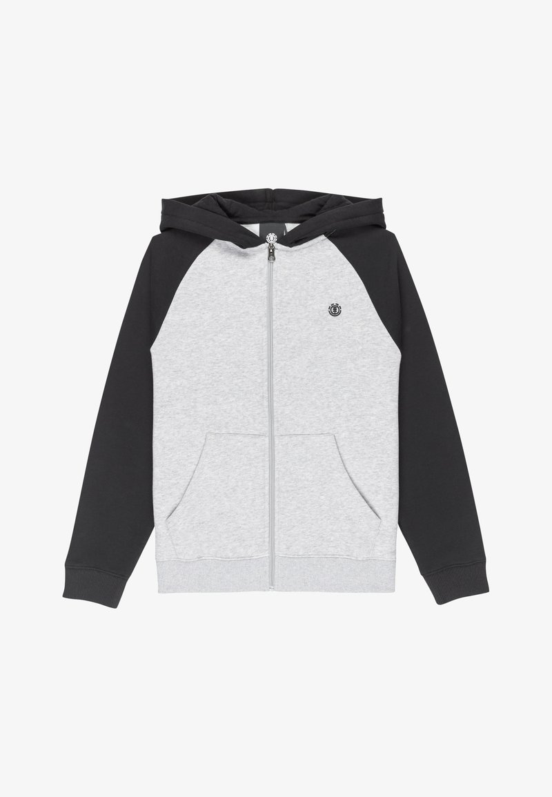 Sudadera con cremallera en gris y negro, con un bolsillo tipo canguro, puños acanalados y un logo redondo en el pecho izquierdo. Fabricada con un tejido suave y texturizado.