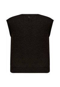 Pull sans manches en tricot marron foncé avec une texture côtelée, un col rond et des détails minimaux au dos, mettant en avant la simplicité.
