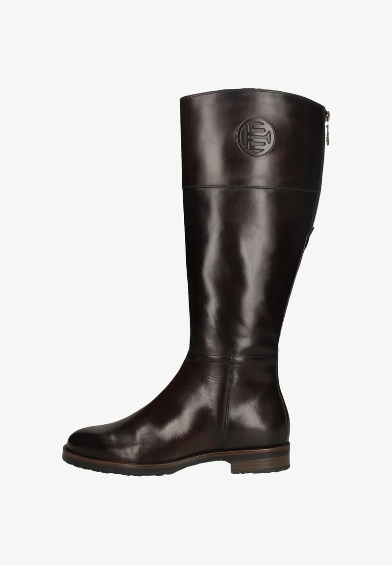 Tall dark brown leather boot with a low stacked heel, side zipper, and embossed circular logo near the top shaft.