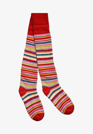 Kniestrümpfe mit einem leuchtend roten oberen Teil, Absatz und Zehen, die horizontale Streifen in Pink, Grün, Weiß, Orange, Türkis und Rot aufweisen.