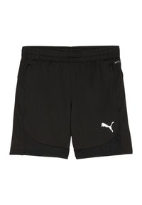 Zwarte sportshorts van vochtafvoerend materiaal. Heeft een elastische tailleband, zijzakken en een wit Puma-logo op de linkeronderkant.