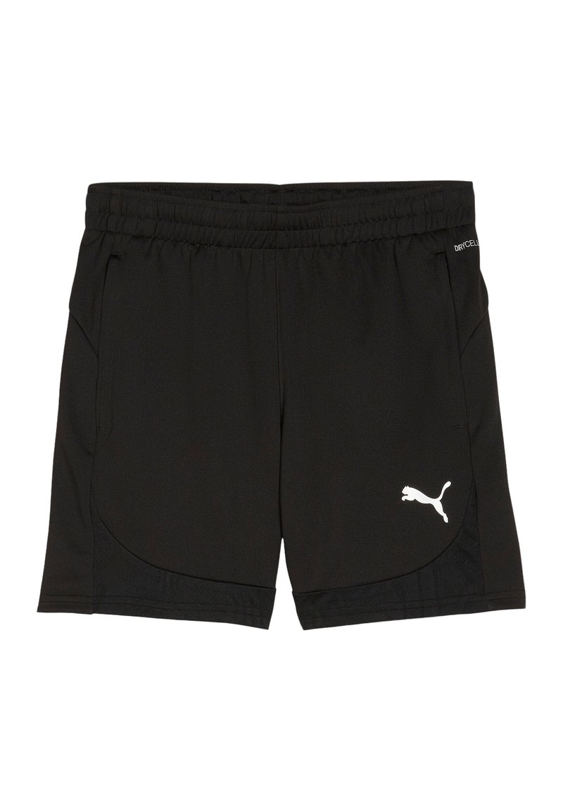 Zwarte sportshorts van vochtafvoerend materiaal. Heeft een elastische tailleband, zijzakken en een wit Puma-logo op de linkeronderkant.