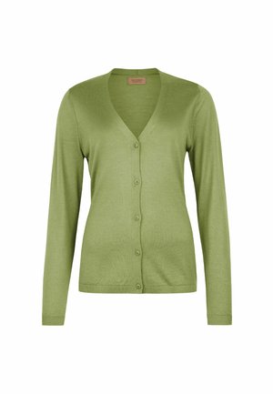 Jasnozielony kardigan z dekoltem w serek, z długimi rękawami i pięcioma guzikami z przodu, wykonany z miękkiego, lekkiego dzianinowego materiału.