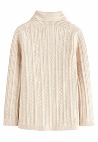 Cremefarbenes Strickpullover mit hohem Rippkragen und vertikalen Zopfmustern. Lange Ärmel mit gerader Säume am unteren Ende.