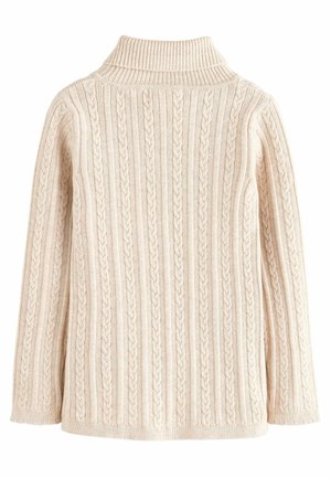 Pull en tricot de couleur crème avec un col haut à côtes et des motifs en relief verticaux. Manches longues avec un ourlet droit en bas.