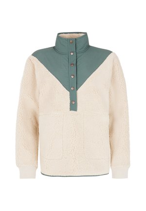 Cream fleece pullover with a teal nylon yoke, high collar, and five button closure. Features large front pocket and ribbed cuffs.