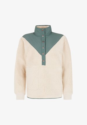Pull en polaire crème avec empiècement en nylon bleu-vert, col montant et fermeture à cinq boutons. Doté d'une grande poche avant et de poignets côtelés.