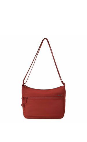 Red shoulder bag with adjustable strap, front zip pocket, and smooth rectangular shape.