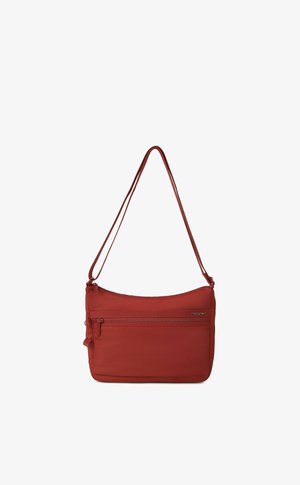 Red shoulder bag with adjustable strap, front zip pocket, and smooth rectangular shape.