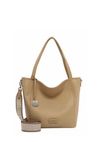 Tan leather tote bag with a textured finish, curved top, dual handles, detachable shoulder strap, and a round logo tag.