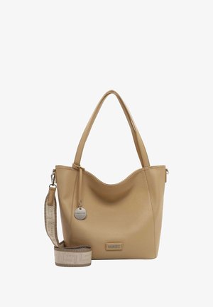 Tan leather tote bag with a textured finish, curved top, dual handles, detachable shoulder strap, and a round logo tag.